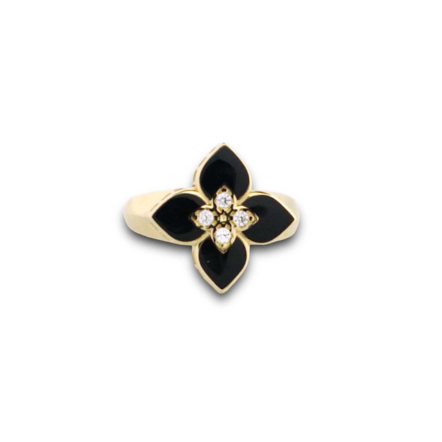 Four Leaf Flower - 14k Gold Ring with Black and White Stones