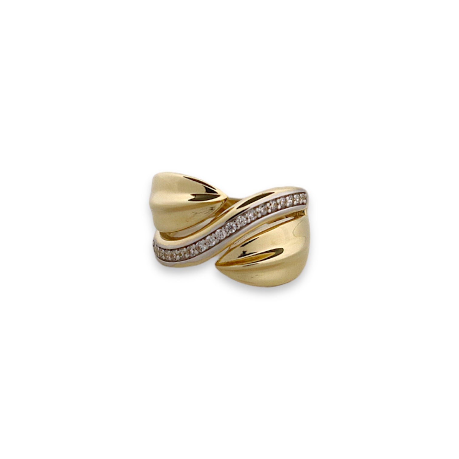 Gold Leaves Ring - 14k Gold Ring with White Stones