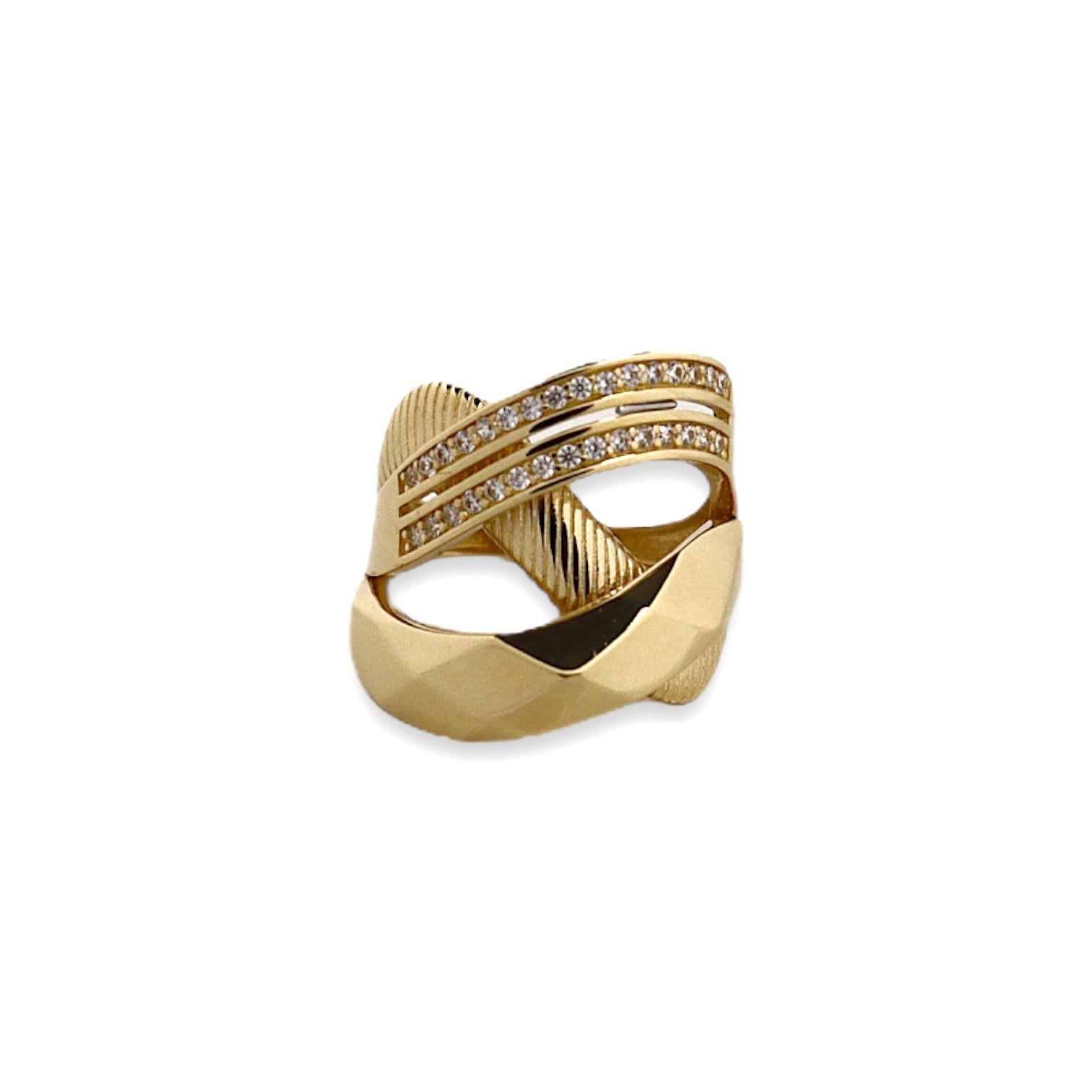 Mixed Lines Ring - 14k Gold Ring with White Stones